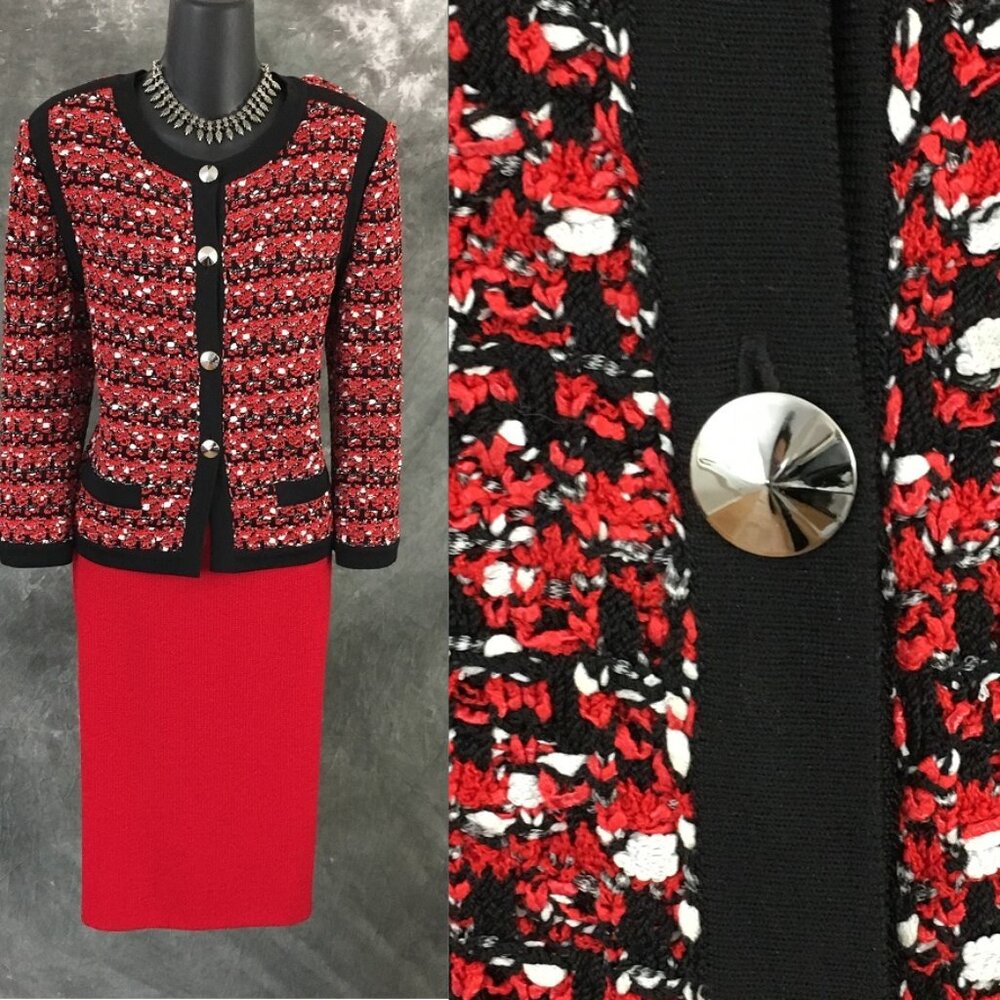 BEAUTIFUL St John knit red black multi jacket skirt suit size 12 - Picture 1 of 9
